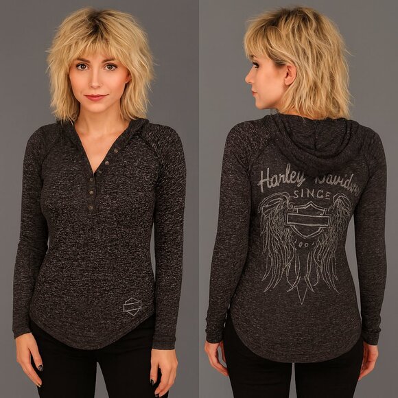 Harley-Davidson Black Burnout Henley Style Hoodie with Lace Inset on Sides  NEW - Picture 1 of 16